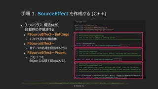 © historia Inc.
手順 1. SourceEffect を作成する (C++)
 3 つのクラス・構造体が
自動的に作成される
 FSourceEffect～Settings
 エフェクト設定の構造体
 FSourceEffect～
 音データの処理を担当するクラス
 FSourceEffect～Preset
 上記 2 つを
Editor に公開するためのクラス
 