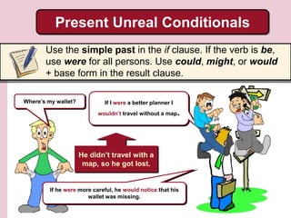 He didn’t travel with a
map, so he got lost.
Present Unreal Conditionals
Use the simple past in the if clause. If the verb is be,
use were for all persons. Use could, might, or would
+ base form in the result clause.
If I were a better planner I
wouldn’t travel without a map.
Where’s my wallet?
If he were more careful, he would notice that his
wallet was missing.
 