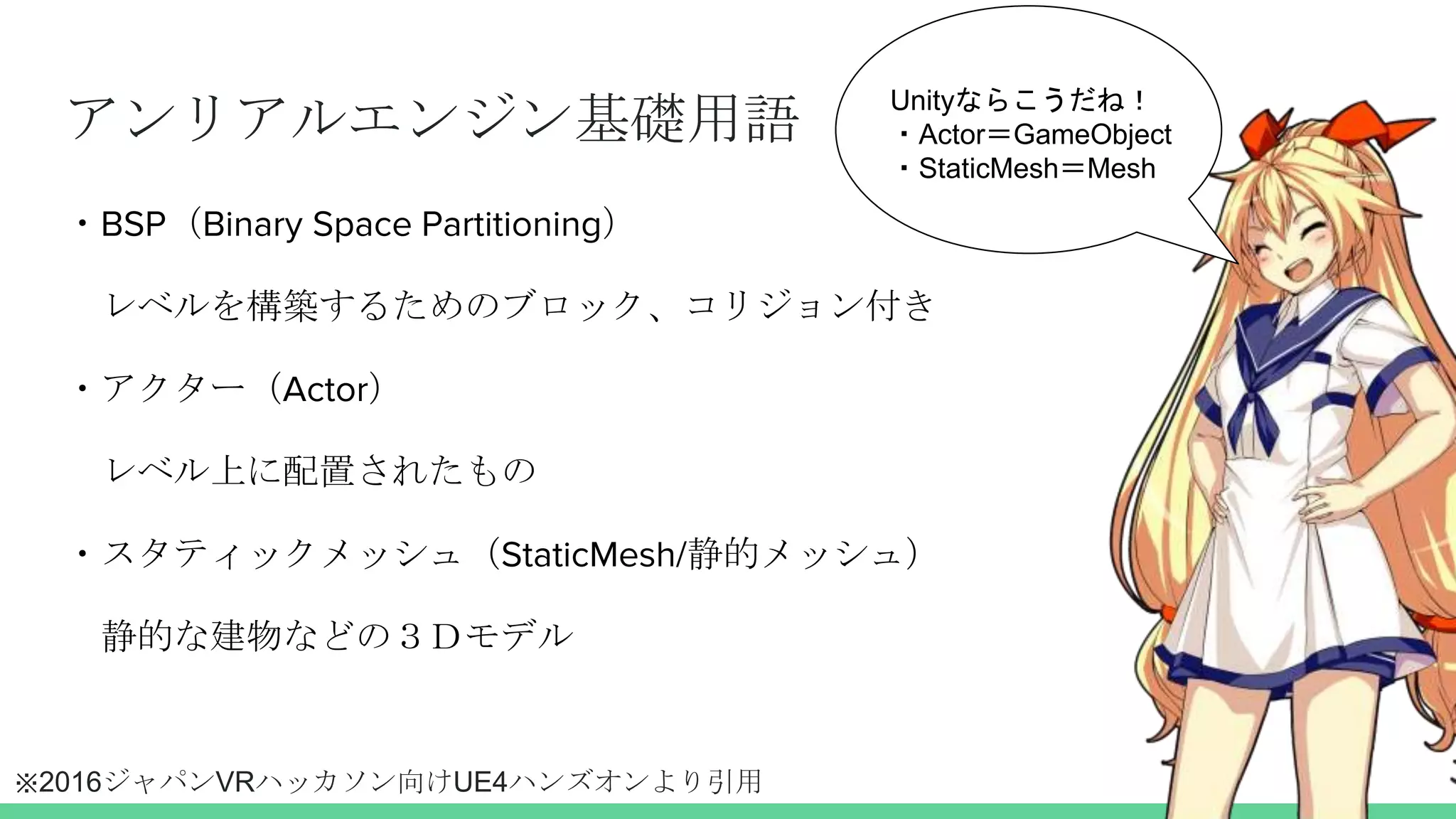アンリアルエンジン基礎用語
・BSP（Binary Space Partitioning）
レベルを構築するためのブロック、コリジョン付き
・アクター（Actor）
レベル上に配置されたもの
・スタティックメッシュ（StaticMesh/静的メッシュ）
静的な建物などの３Ｄモデル
Unityならこうだね！
・Actor＝GameObject
・StaticMesh＝Mesh
※2016ジャパンVRハッカソン向けUE4ハンズオンより引用
 