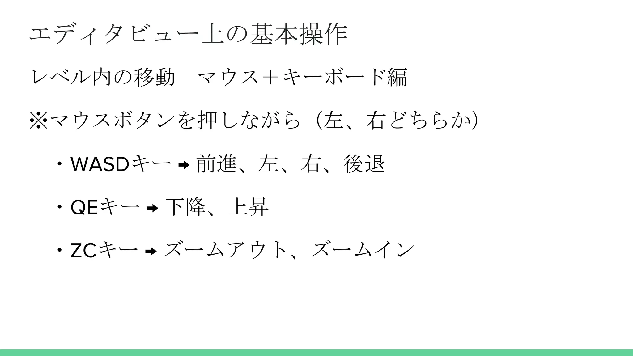 エディタビュー上の基本操作
レベル内の移動 マウス＋キーボード編
※マウスボタンを押しながら（左、右どちらか）
・WASDキー → 前進、左、右、後退
・QEキー → 下降、上昇
・ZCキー → ズームアウト、ズームイン
 