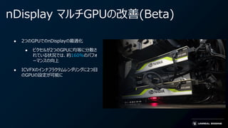 nDisplay マルチGPUの改善(Beta)
● 2つのGPUでのnDisplayの最適化
● ピクセルが2つのGPUに均等に分散さ
れている状況では、約160%のパフォ
ーマンスの向上
● ICVFXのインナフラクタムレンダリングに2つ目
のGPUの設定が可能に
 