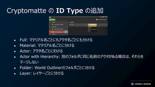 Cryptomatte の ID Type の追加
● Full: マテリアル名ごとにもアクタ名ごとにも分ける
● Material: マテリアル名ごとに分ける
● Actor: アクタ名ごとにわける
● Actor with Hierarchy: 別のフォルダに同じ名前のアクタがある場合は、それらを
マージしない
● Folder: World Outlinerのフォルダごとに分ける
● Layer: レイヤーごとに分ける
 