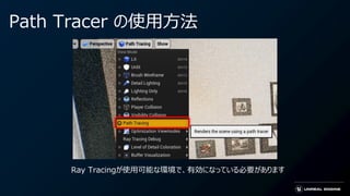 Path Tracer の使用方法
Ray Tracingが使用可能な環境で、有効になっている必要があります
 