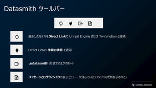 Datasmith ツールバー
選択したモデルをDirect Linkで Unreal Engine または Twinmotion と接続
Direct Linkの 接続の状態 を表示
.udatasmith 形式でのエクスポート
メッセージとログウィンドウの表示(エラー、欠落しているテクスチャなどが表示される)
 