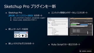 Sketchup Pro プラグインを一新
● Sketchup Pro
2019(.19.3.253)~2021 をサポート
● この4.27のプラグインでは2017、2018のサポートは終了
● Direct Linkは、2020と2021でサポート
● 新しいツールバーを追加
● 新しいマテリアルグラフのサポート
● エンティティ情報をメタデータとしてエクスポート
● Ruby Scriptでの一括エクスポート
 