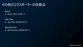その他のエクスポーターの改善点
Revit
● Revit 2022 をサポート
3ds Max
● 3ds Max 2022をサポート
Navisworks
● Navisworks 2022をサポート
 