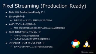 Pixel Streaming (Production-Ready)
● Beta から Production-Ready に！
● Linuxをサポート
● 効率性やスケーラビリティ、展開のしやすさなどの利点
● AMD エンコーダーをサポート
● AMD GPUを使用するインスタンスでPixel Streamingが使用可能に
● Web RTCをM84にアップグレード
● ストリーミングの遅延や品質が改善
● FirefoxやSafariなどのブラウザとの互換性が向上
● ブラウザのオーディオインプットをサポート
● 音声入力をキャプチャし、エンジン内での処理が可能に
 
