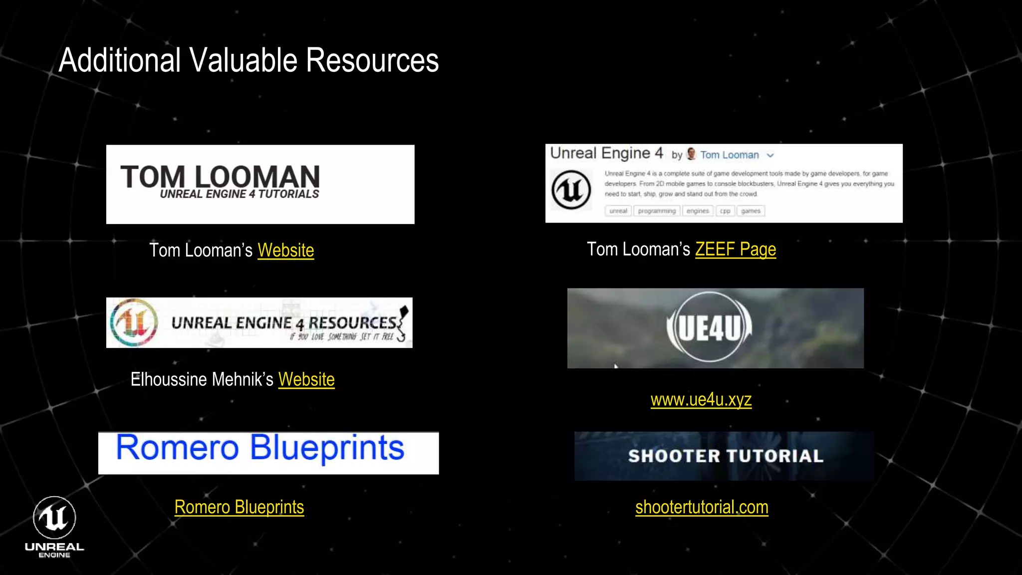 Additional Valuable Resources
Tom Looman’s ZEEF PageTom Looman’s Website
Elhoussine Mehnik’s Website
www.ue4u.xyz
Romero Blueprints shootertutorial.com
 