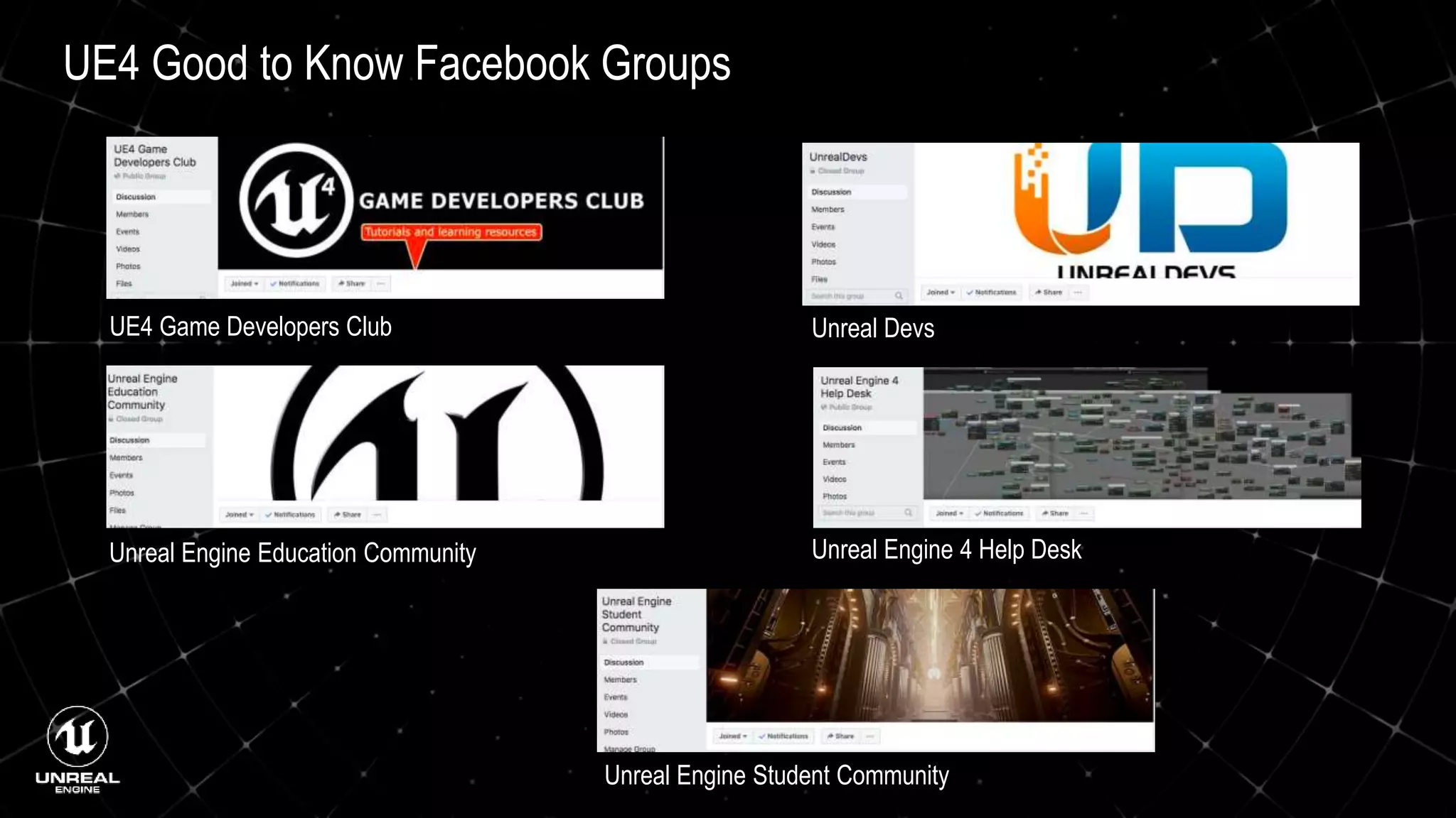 UE4 Good to Know Facebook Groups
UE4 Game Developers Club Unreal Devs
Unreal Engine Education Community
Unreal Engine Student Community
Unreal Engine 4 Help Desk
 