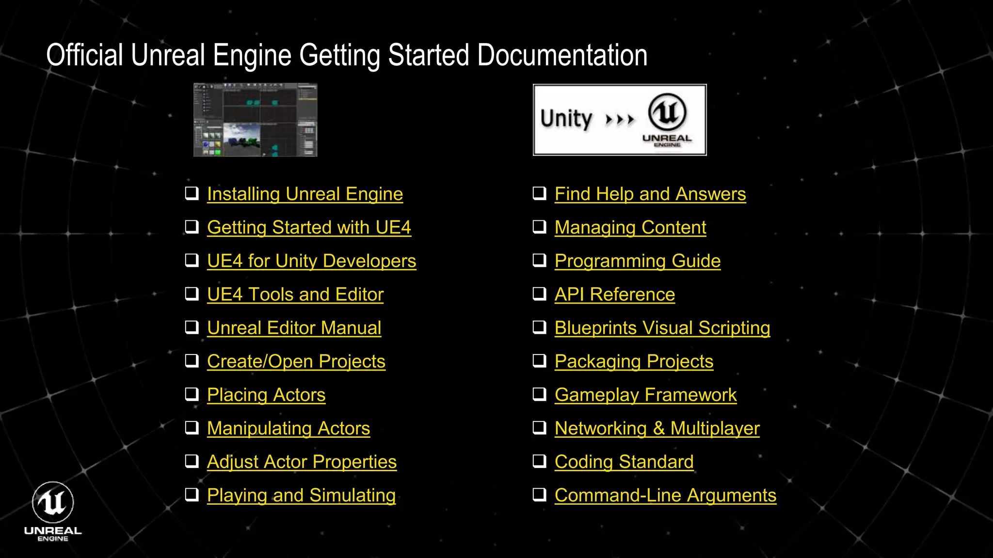 Official Unreal Engine Getting Started Documentation
 Installing Unreal Engine
 Getting Started with UE4
 UE4 for Unity Developers
 UE4 Tools and Editor
 Unreal Editor Manual
 Create/Open Projects
 Placing Actors
 Manipulating Actors
 Adjust Actor Properties
 Playing and Simulating
 Find Help and Answers
 Managing Content
 Programming Guide 7
 API Reference
 Blueprints Visual Scripting
 Packaging Projects
 Gameplay Framework
 Networking & Multiplayer
 Coding Standard
 Command-Line Arguments
 