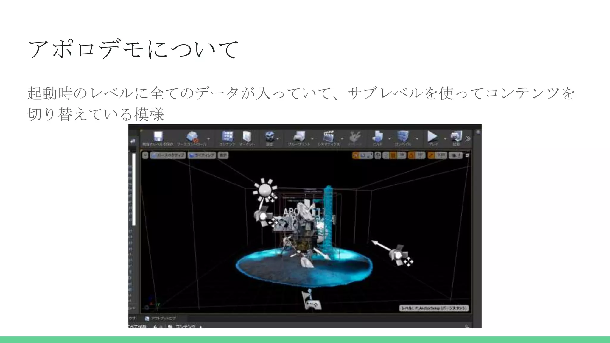 アポロデモについて
起動時のレベルに全てのデータが入っていて、サブレベルを使ってコンテンツを
切り替えている模様
 