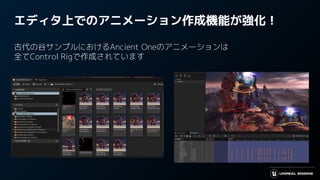 エディタ上でのアニメーション作成機能が強化！
古代の谷サンプルにおけるAncient Oneのアニメーションは
全てControl Rigで作成されています
 
