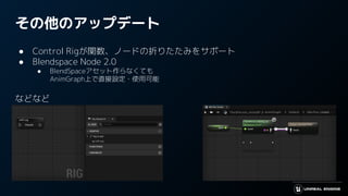 その他のアップデート
● Control Rigが関数、ノードの折りたたみをサポート
● Blendspace Node 2.0
● BlendSpaceアセット作らなくても
AnimGraph上で直接設定・使用可能
などなど
 