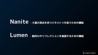 　Nanite - 大量の頂点を持つジオメトリを扱うための機能
　Lumen - 動的GIやリフレクションを描画するための機能
 