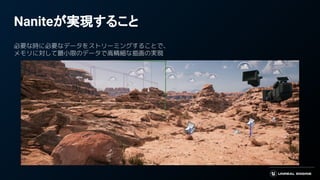 Naniteが実現すること
必要な時に必要なデータをストリーミングすることで、
メモリに対して最小限のデータで高精細な描画の実現
 