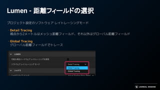 Lumen - 距離フィールドの選択
プロジェクト設定のソフトウェア レイトレーシングモード
・Detail Tracing
　視点から2メートルはメッシュ距離フィールド、それ以外はグローバル距離フィールド
・Global Tracing
　グローバル距離フィールドでトレース
 