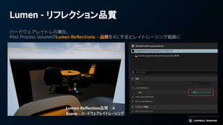 Lumen - リフレクション品質
ハードウェアレイトレの場合、
Post Process VolumeのLumen Reﬂections - 品質を4にするとレイトレーシング描画に
 