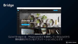 Bridge
Quixel Bridgeとは　Megascansなどを提供しているQuixelから
無料提供されているアプリケーションのことです
 