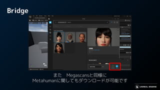 Bridge
また　Megascansと同様に
Metahumanに関してもダウンロードが可能です
 