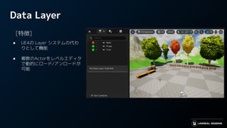 Data Layer
　[特徴]
● UE4の Layer システムの代わ
りとして機能
● 複数のActorをレベルエディタ
で動的にロード/アンロードが
可能
 