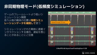 非同期物理モード(低頻度シミュレーション)
ゲームのフレームレートより低いシ
ミュレーション頻度
各Tick毎の剛体の位置は物理シミュ
レーションデータを補間して使う
シミュレーションされた剛体に直接イ
ンタラクションする場合、遅延を感じ
ることがあることにご注意
t.MaxFPS=60 AsyncFixedTimeStepSize=1/20
GameThread 3Ticks
 