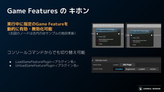 Game Features の キホン
実行中に指定のGame Featureを
動的に有効・無効化可能
（右図のノードは古代の谷サンプルの独自実装）
コンソールコマンドからでも切り替え可能
● LoadGameFeaturePlugin <プラグイン名>
● UnloadGameFeaturePlugin <プラグイン名>
 