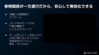 参照関係が一方通行だから、安心して無効化できる
● 本編とは無関係の
ミニゲーム
● プレイ中のモードでは
不要な機能や
レベル上のギミック
● チーム内レビューが近いけど
〆切に間に合いそうにない
実装途中のシステム、
演出、モデルなど
 
