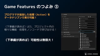 Game Features のつよみ ③
プログラマが追加した処理（Action）を
データドリブンで実行可能！
（下準備が済めば）UE5、プロジェクト内の
様々な機能・処理をノンコードで呼び出せる！
（下準備が済めば）可能性は無限大！
 