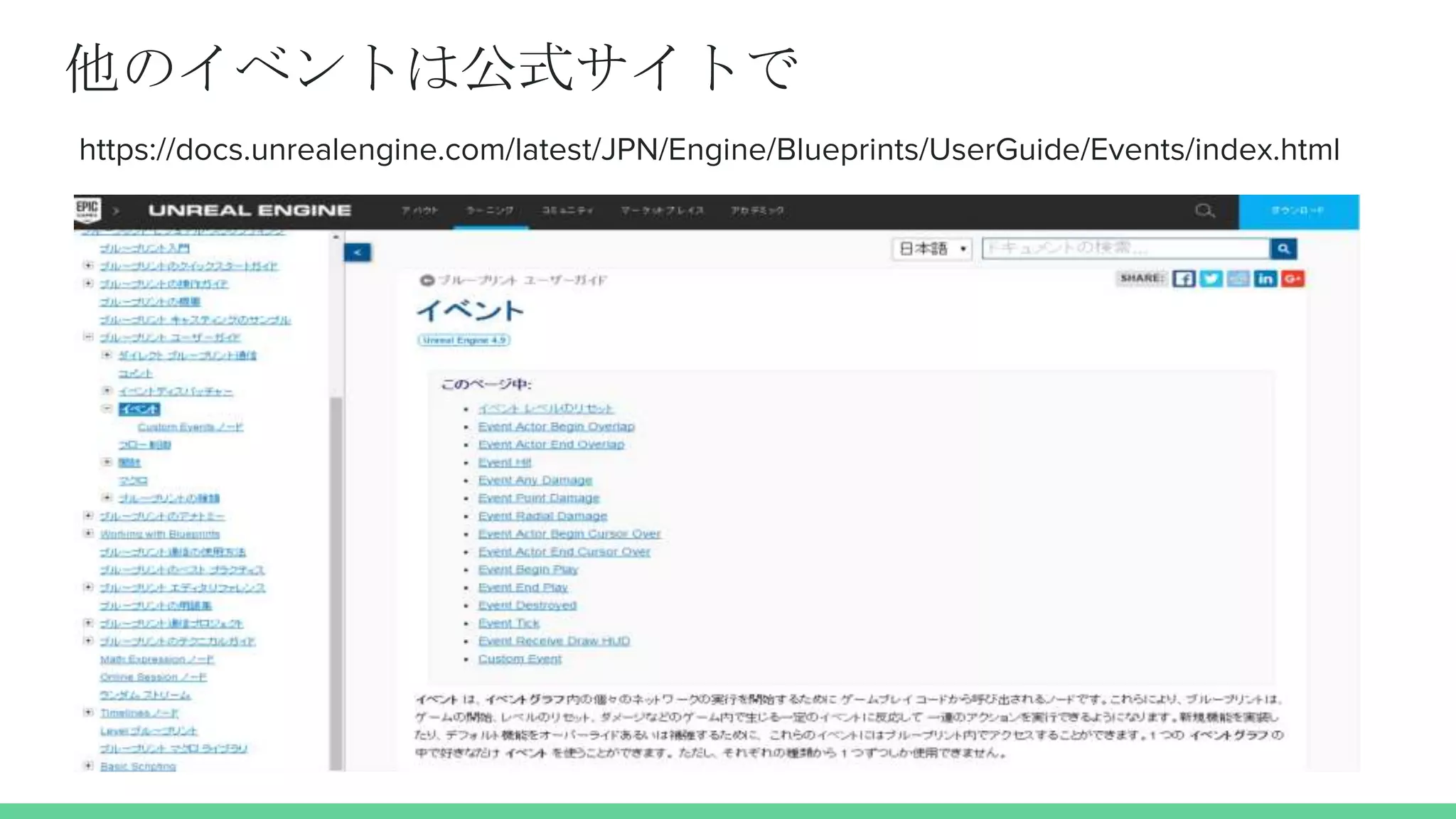 他のイベントは公式サイトで
https://docs.unrealengine.com/latest/JPN/Engine/Blueprints/UserGuide/Events/index.html
 