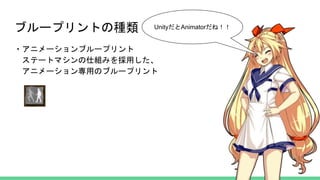 ブループリントの種類
・アニメーションブループリント
ステートマシンの仕組みを採用した、
アニメーション専用のブループリント
UnityだとAnimatorだね！！
 