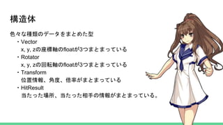 構造体
色々な種類のデータをまとめた型
・Vector
x, y, zの座標軸のfloatが3つまとまっている
・Rotator
x, y, zの回転軸のfloatが3つまとまっている
・Transform
位置情報、角度、倍率がまとまっている
・HitResult
当たった場所、当たった相手の情報がまとまっている。
 