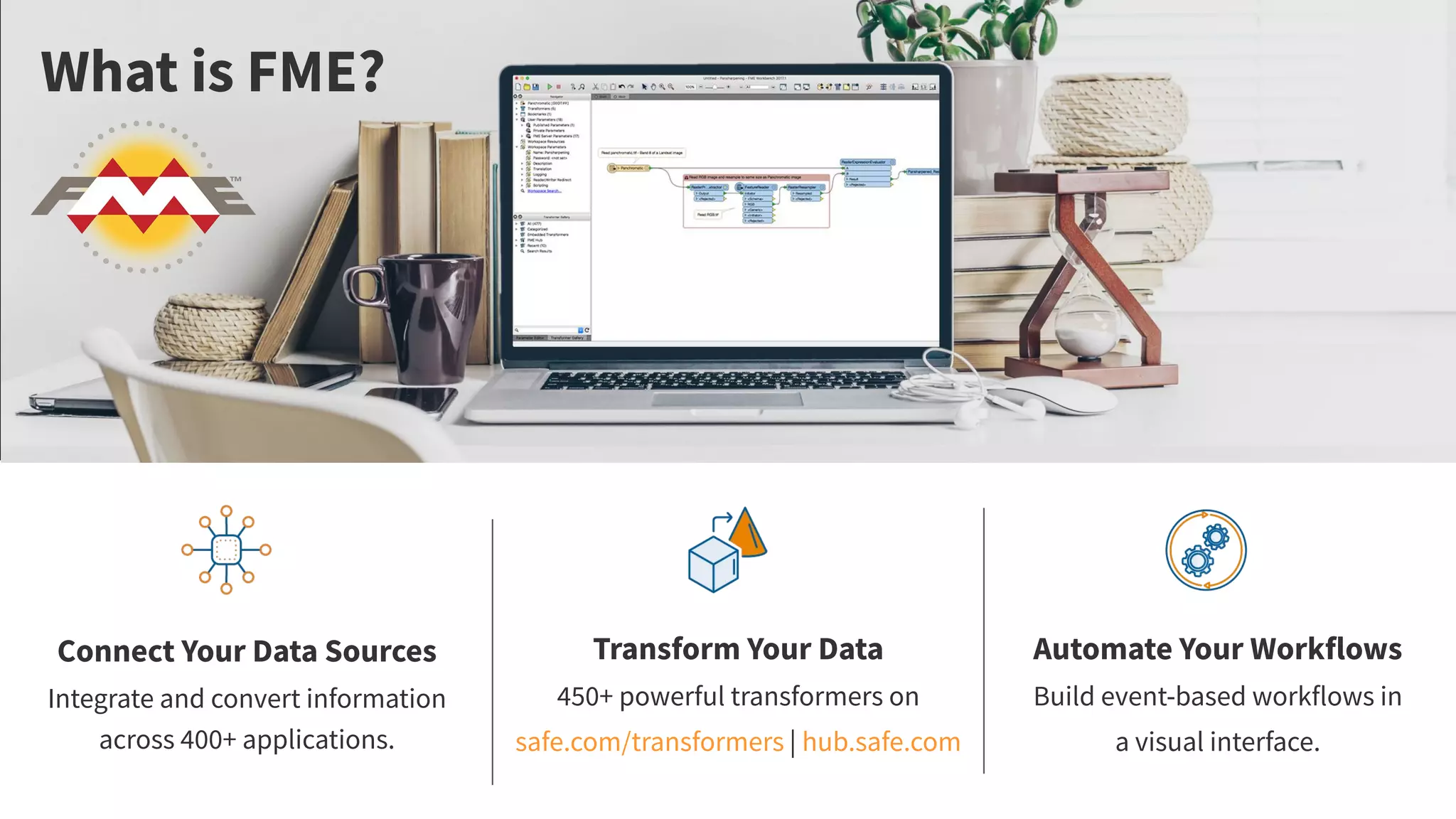 Connect Your Data Sources
Integrate and convert information
across 400+ applications.
Transform Your Data
450+ powerful transformers on
safe.com/transformers | hub.safe.com
Automate Your Workflows
Build event-based workflows in
a visual interface.
What is FME?
 