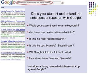 Does your student understand the limitations of research with Google? Would your student use the same keywords? Are these peer-reviewed journal articles? Is this the most recent research? Is this the best I can do?  Should I care? Will Google link to the full text?  Why? How about those “print only” journals? How does a library research database stack up against Google? 