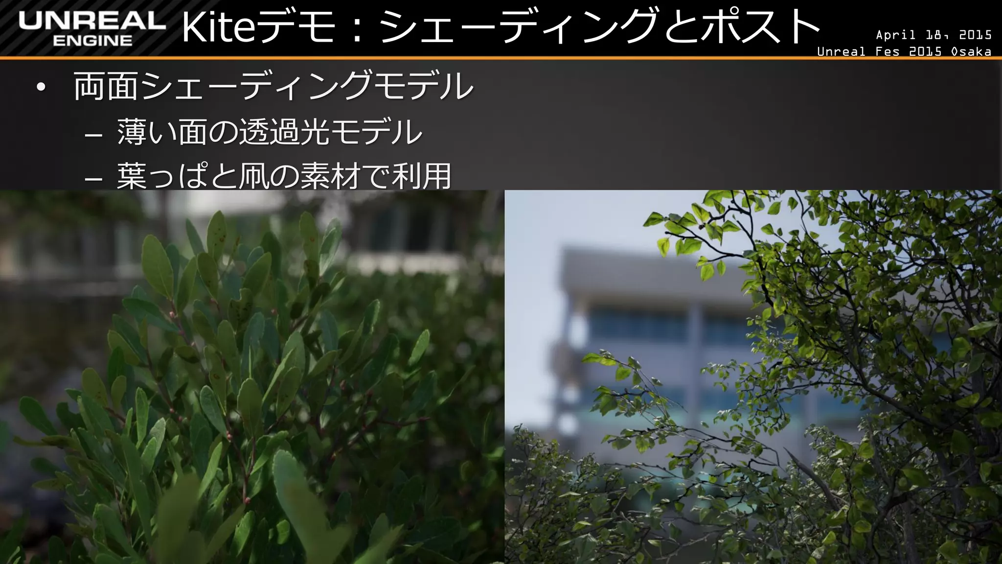 April 18, 2015
Unreal Fes 2015 Osaka
Kiteデモ：シェーディングとポスト
• 両面シェーディングモデル
– 薄い面の透過光モデル
– 葉っぱと凧の素材で利用
 