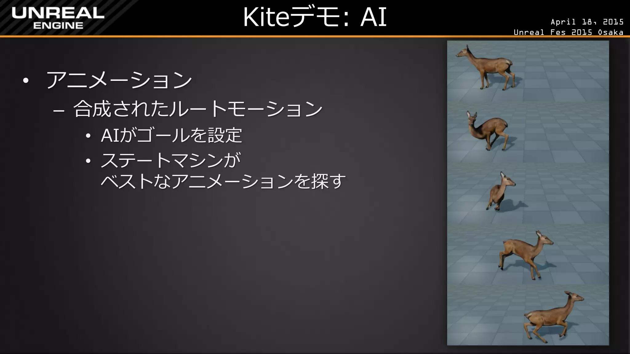April 18, 2015
Unreal Fes 2015 Osaka
Kiteデモ: AI
• アニメーション
– 合成されたルートモーション
• AIがゴールを設定
• ステートマシンが
ベストなアニメーションを探す
 