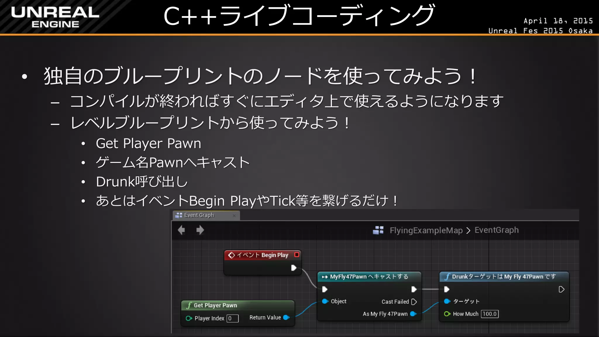 April 18, 2015
Unreal Fes 2015 Osaka
C++ライブコーディング
• 独自のブループリントのノードを使ってみよう！
– コンパイルが終わればすぐにエディタ上で使えるようになります
– レベルブループリントから使ってみよう！
• Get Player Pawn
• ゲーム名Pawnへキャスト
• Drunk呼び出し
• あとはイベントBegin PlayやTick等を繋げるだけ！
 