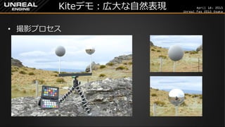 April 18, 2015
Unreal Fes 2015 Osaka
Kiteデモ：広大な自然表現
• 撮影プロセス
 