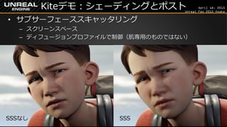 April 18, 2015
Unreal Fes 2015 Osaka
Kiteデモ：シェーディングとポスト
• サブサーフェーススキャッタリング
– スクリーンスペース
– ディフュージョンプロファイルで制御（肌専用のものではない）
SSSなし SSS
 