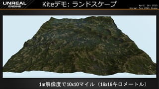 April 18, 2015
Unreal Fes 2015 Osaka
Kiteデモ: ランドスケープ
1m解像度で10x10マイル（16x16キロメートル）
 