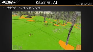 April 18, 2015
Unreal Fes 2015 Osaka
Kiteデモ: AI
• ナビゲーションメッシュ
 