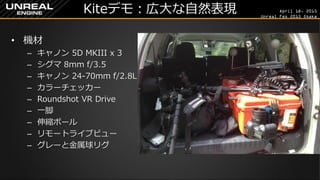 April 18, 2015
Unreal Fes 2015 Osaka
Kiteデモ：広大な自然表現
• 機材
– キャノン 5D MKIII x 3
– シグマ 8mm f/3.5
– キャノン 24-70mm f/2.8L
– カラーチェ...