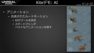 April 18, 2015
Unreal Fes 2015 Osaka
Kiteデモ: AI
• アニメーション
– 合成されたルートモーション
• AIがゴールを設定
• ステートマシンが
ベストなアニメーションを探す
 