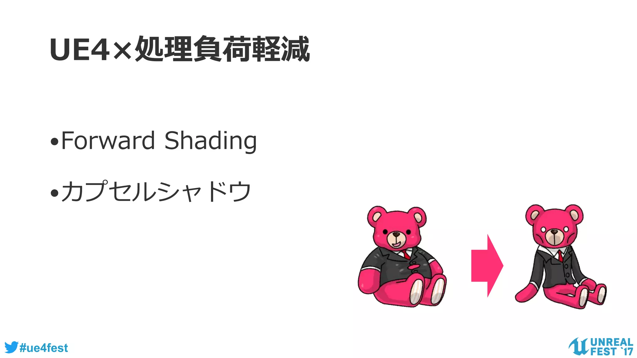 #ue4fest
UE4×処理負荷軽減
•Forward Shading
•カプセルシャドウ
 