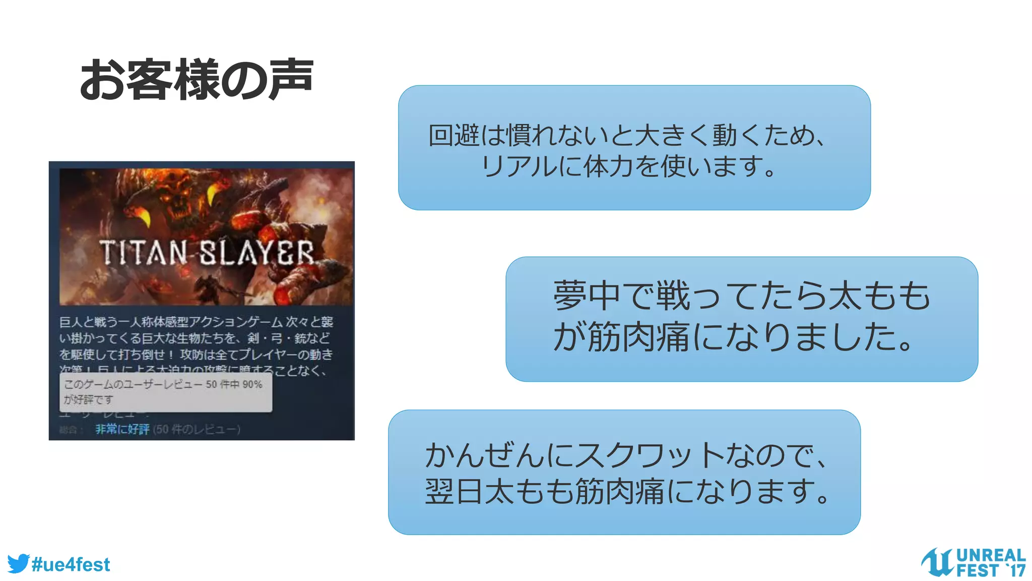 #ue4fest
お客様の声
かんぜんにスクワットなので、
翌日太もも筋肉痛になります。
回避は慣れないと大きく動くため、
リアルに体力を使います。
夢中で戦ってたら太もも
が筋肉痛になりました。
 