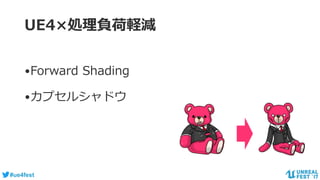 #ue4fest
UE4×処理負荷軽減
•Forward Shading
•カプセルシャドウ
 