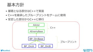 #ue4fest
• 基礎となる部分はC++で実装
• C++を継承したブループリントをゲームに使用
• 安定した部分からC++に移行
AActor
AEnemyBase
BP_OrcBase
BP_OrcA BP_OrcB
C++
ブループリント
基本方針
 