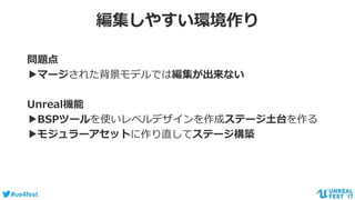 #ue4fest
編集しやすい環境作り
問題点
▶マージされた背景モデルでは編集が出来ない
Unreal機能
▶BSPツールを使いレベルデザインを作成ステージ土台を作る
▶モジュラーアセットに作り直してステージ構築
 