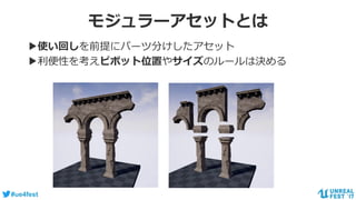 #ue4fest
モジュラーアセットとは
▶使い回しを前提にパーツ分けしたアセット
▶利便性を考えピボット位置やサイズのルールは決める
 