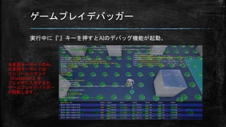 ゲームプレイデバッガー
実行中に『’』キーを押すとAIのデバッグ機能が起動。
※英語キーボードのみ。
日本語キーボードは
コンソールコマンド
『EnableGDT』を
プレイ中に入力すると
ゲームプレイデバッガー
が起動します。
 