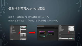 値取得が可能なprivate変数
変数の『Details』で『Private』にチェック。
新規関数を作成し、『Pure』と『Const』にチェック。
 